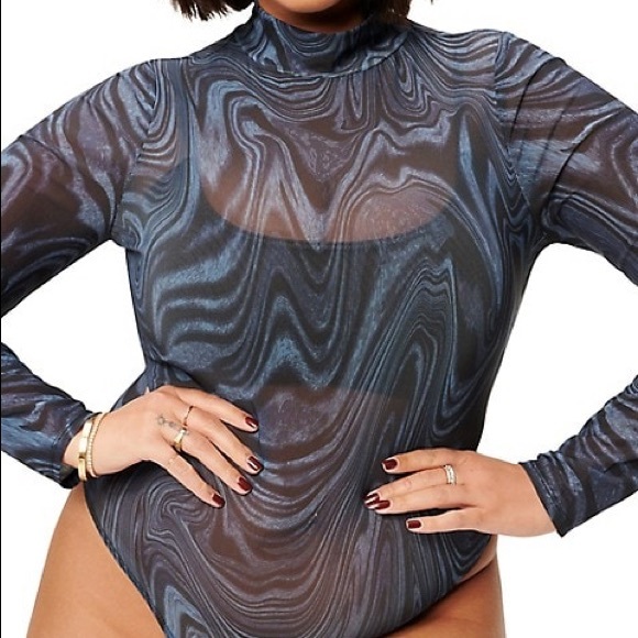 GOOD AMERICAN Blue Moody Mesh Longsleeve Bodysuit - Picture 10 of 10